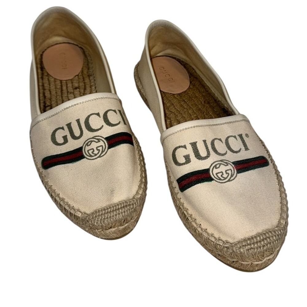 Gucci Charlotte Platform Espadrilles Cream Beige GG Logo Canvas Flats Size 39